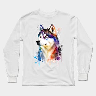 Rainbow Siberian Husky Watercolor Art Long Sleeve T-Shirt